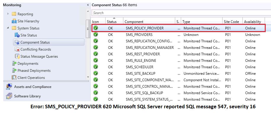 CMINFRA_86_SMS_POLICY_Provider 620 microsoft SQL reported SQL message 547 severity 16